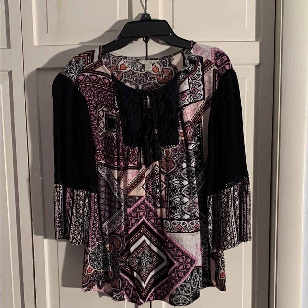 Cato Purple & Black 3/4 Sleeve Tie Front Boho Blouse EUC
